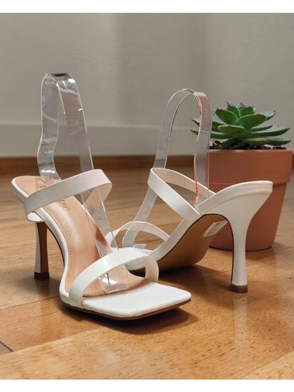 Square Toe White Strappy High Heel Sandals With Double Strap Design For Women - Picture 2 of 13